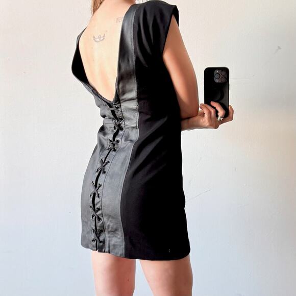 Vintage Y2K ALICE + OLIVIA Black Leather Corset-Back Mini Dress - Picture 3 of 11